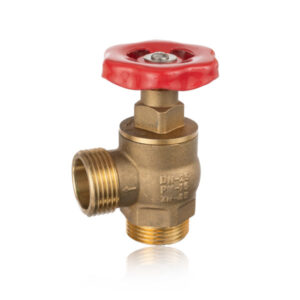 Messingist tuletõrjekraan DN25 punase keeratava käepidemega, mida kasutatakse tulekustutussüsteemides veevarustuse reguleerimiseks.