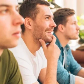 Koolitusel osalevad noored mehed kuulavad tähelepanelikult