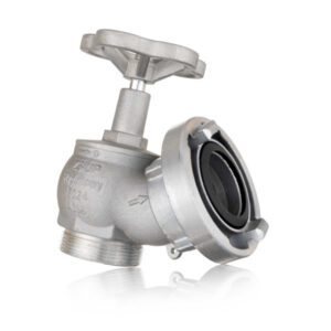 Metallist tuletõrjekraan DN50 Storz liitmiku ja halli metallkäepidemega, kasutatav tulekustutussüsteemides veevarustuse reguleerimiseks.