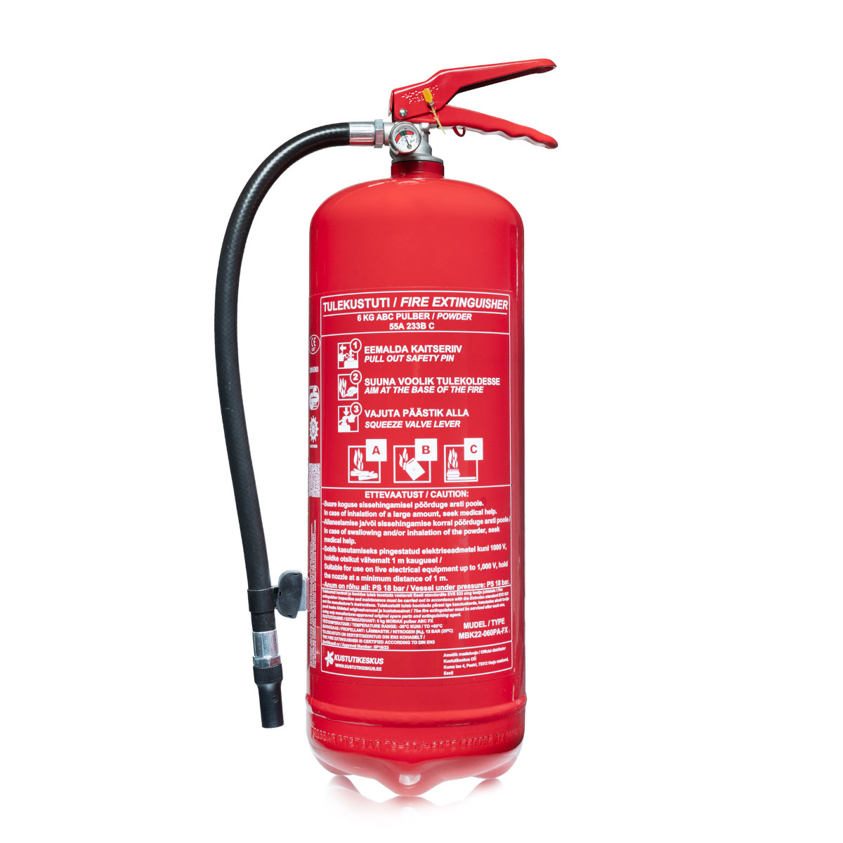 Punane 6 kg ABC pulberkustuti. Usaldusväärne ja soodne tulekustuti tagab tuleohutuse A-, B- ja C-klassi põlengutel.