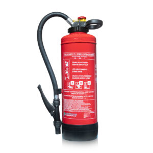 Punane 6 kg survepadruniga ABC pulberkustuti. Lollikindel ja vibratsioonikindel tulekustuti rasketehnikasse ja tööstusesse.