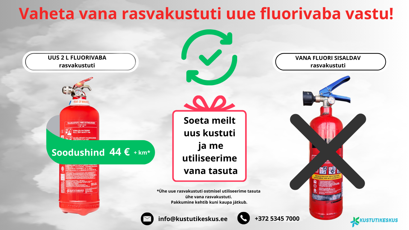 Alt-tekst (lühike kirjeldus) Reklaambänner: "Vaheta vana rasvakustuti uue fluorivaba vastu!". Pakkumine uue 2 L fluorivaba rasvakustuti ostjale hinnaga 44 € + km, koos vana fluorisisaldusega kustuti tasuta utiliseerimisega. Kontakt: info@kustutikeskus.ee, telefon +372 5345 7000.