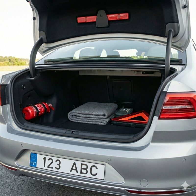 Hõbedase auto avatud pakiruum, kus on näha tulekustuti, tekk, esmaabikomplekt ja ohukolmnurk.