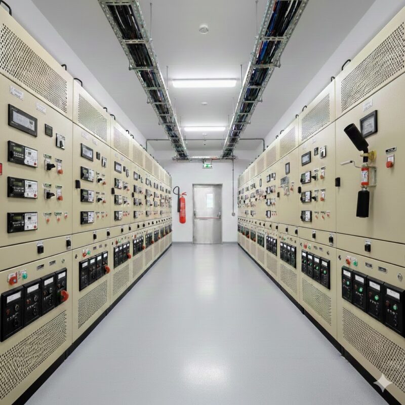 Perspektiivvaade kaasaegsest elektrikilbiruumist, mille seintel on pikad rivid beige toone lülitusseadmete kappe ja kontrollpaneele. Laes ripuvad avatud kaabliredelid tihedate kaablivõrkudega, mis suunduvad otse tahaotsas asuva metallist ukse poole. Ruumi helehall põrand on tühi, kuid parempoolsel seinakapil on selgelt nähtav ja kättesaadav punane tulekustuti koos musta koonilise sarvega. See tulekustuti on tüüpiline CO2 kustuti, mis on mõeldud pinge all olevate elektriseadmete tulekahjude kustutamiseks ilma jääke jätmata. Pildi fookuses on koridori sügavus, mis rõhutab infrastruktuuri mastaapsust.