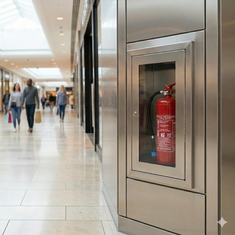 Punane tulekustuti kaubanduskeskuse seina sisse ehitatud roostevabast terasest klaaskkapis